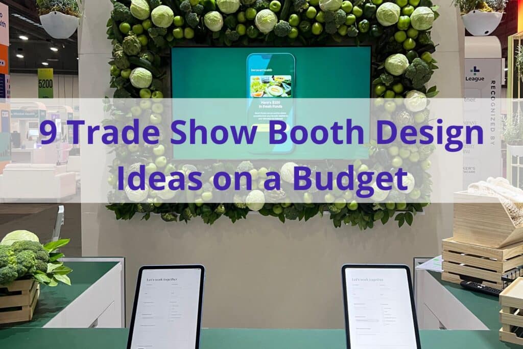 photo of a tv display surrounded in plants, the text '9 trade show booth design ideas on a budget' in the foreground.